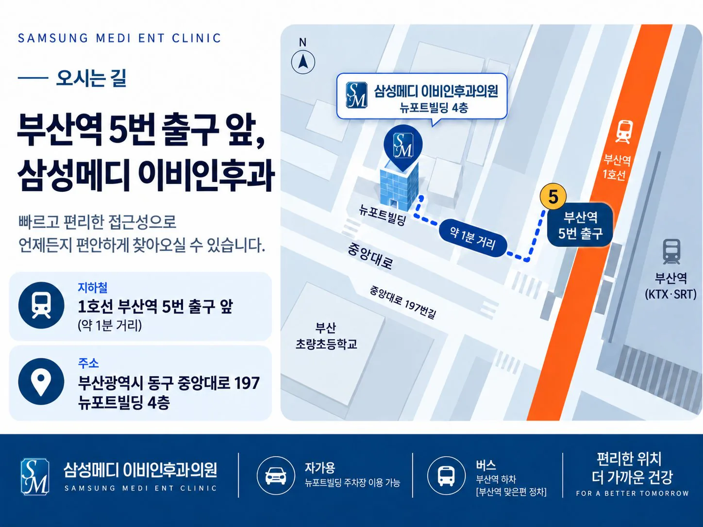삼성메디이비인후과 위치 지도 — 부산역 5번 출구 인근, 중앙대로 197 뉴포트빌딩